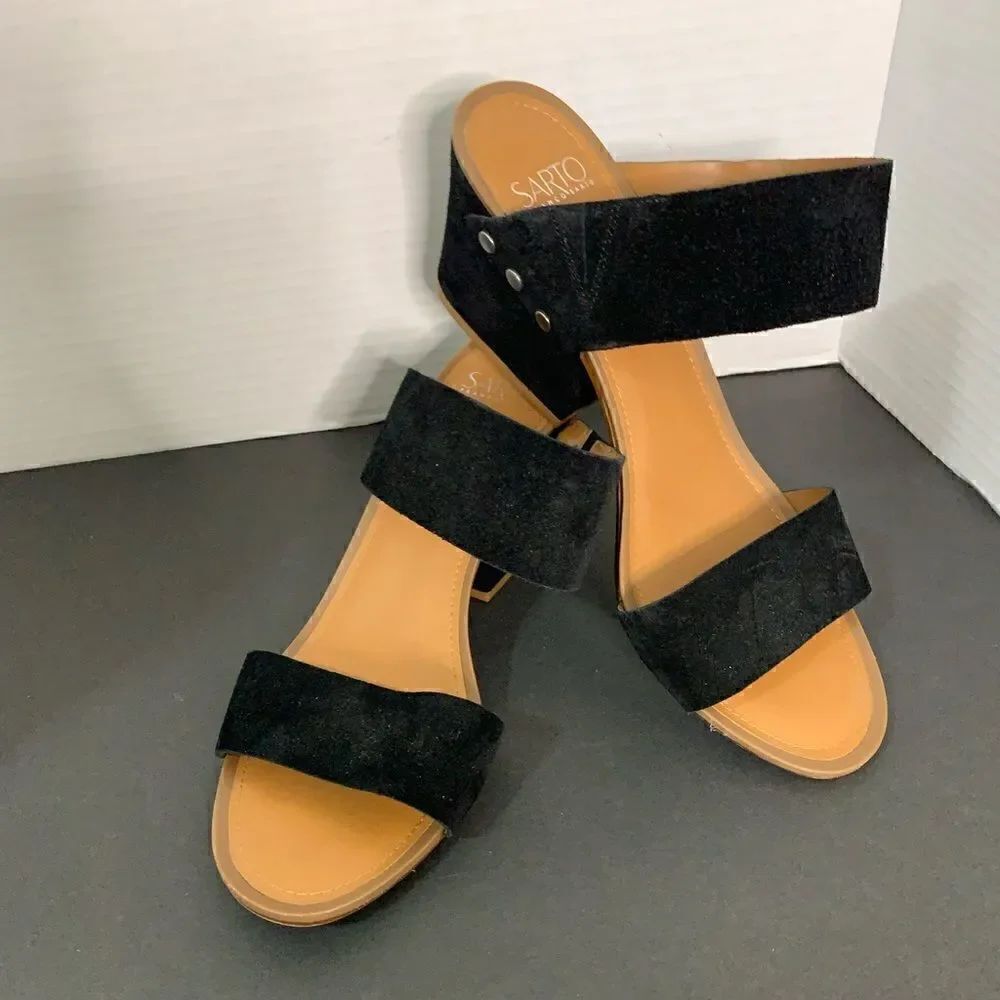 Franco Sarto Black Leather Upper Double-Band Heel Open Toe Slide Sandals 10M